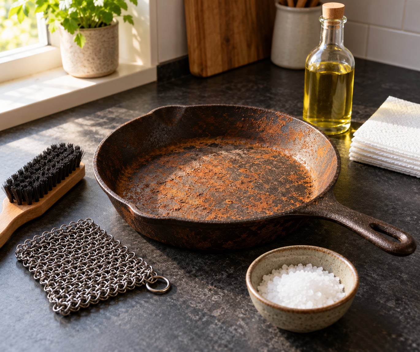 how to clean a rusty cast iron pan