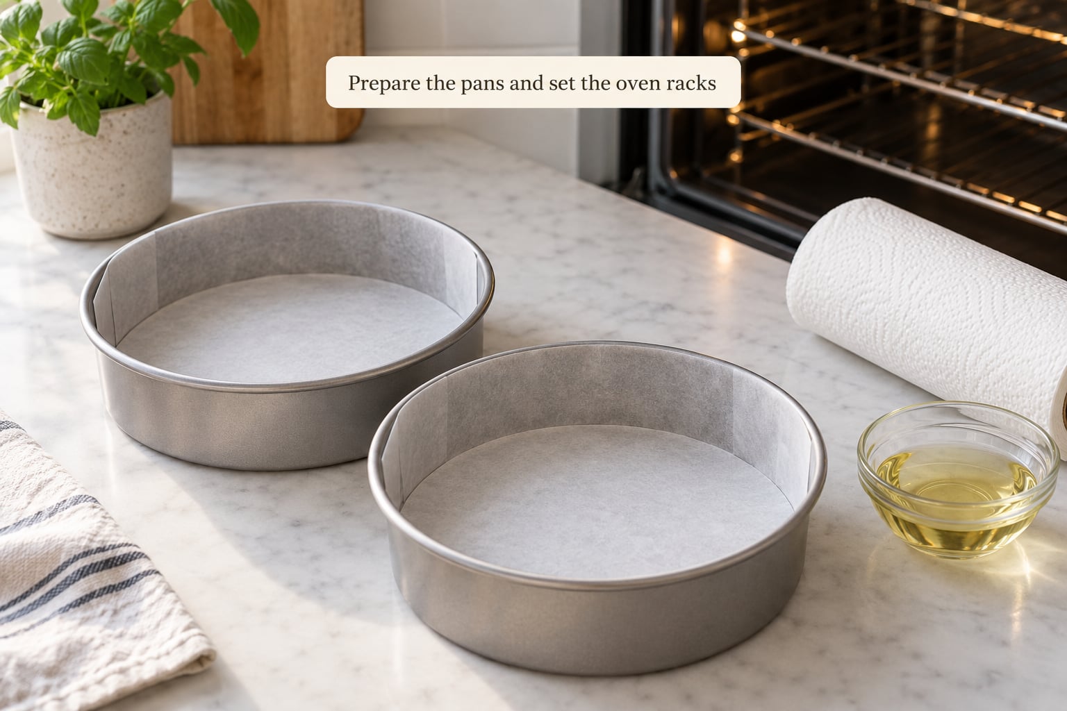 Prepare the pans and set the oven racks