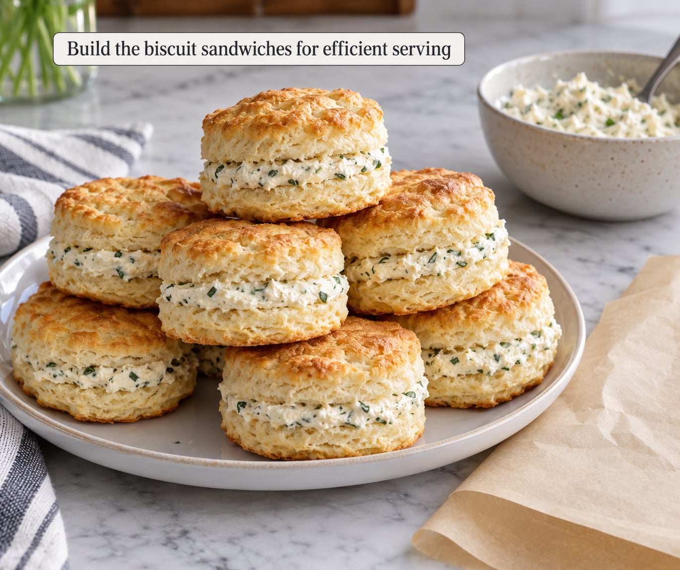 Build the biscuit sandwiches for efficient serving