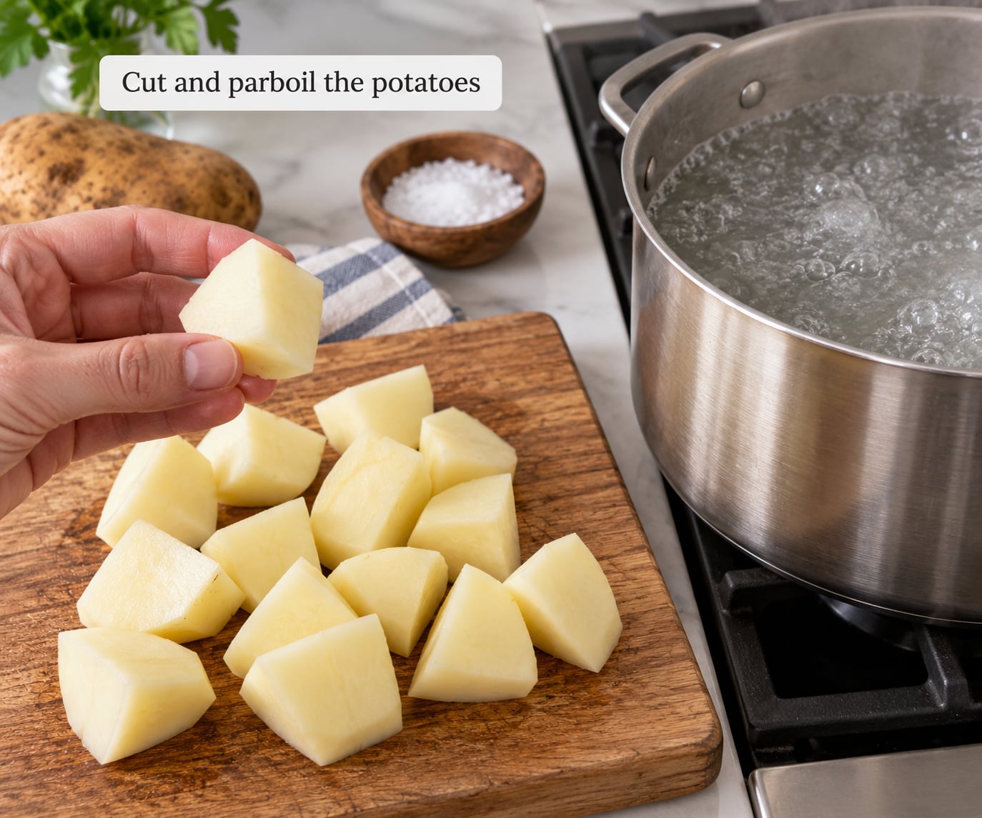 Cut and parboil the potatoes